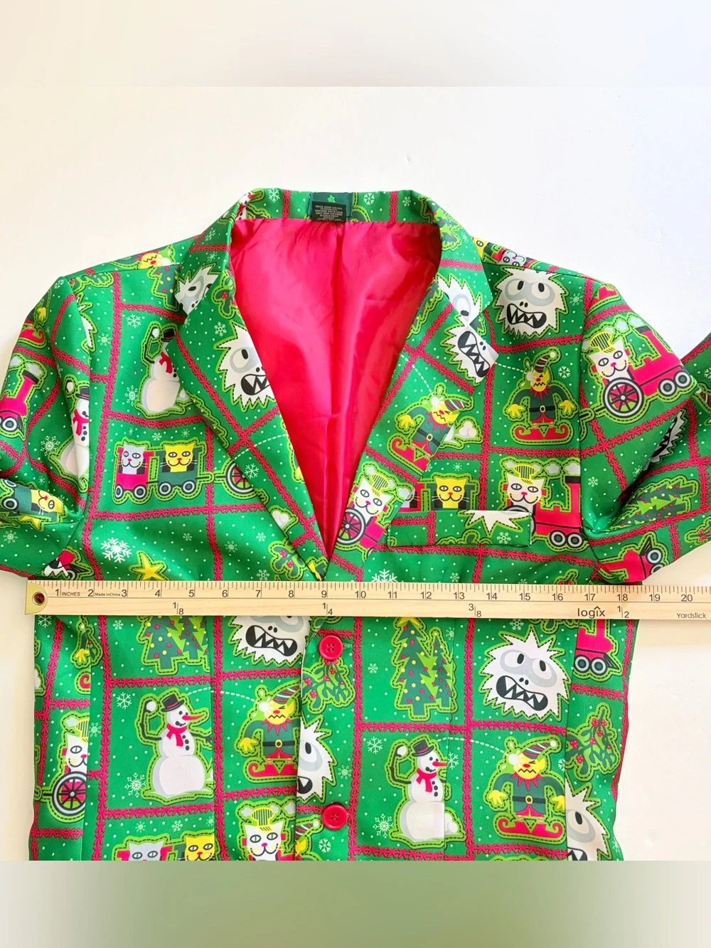 Ugly Christmas Green Blazer Jacket Snowman Yeti Elves Cats Holiday Time SZ S